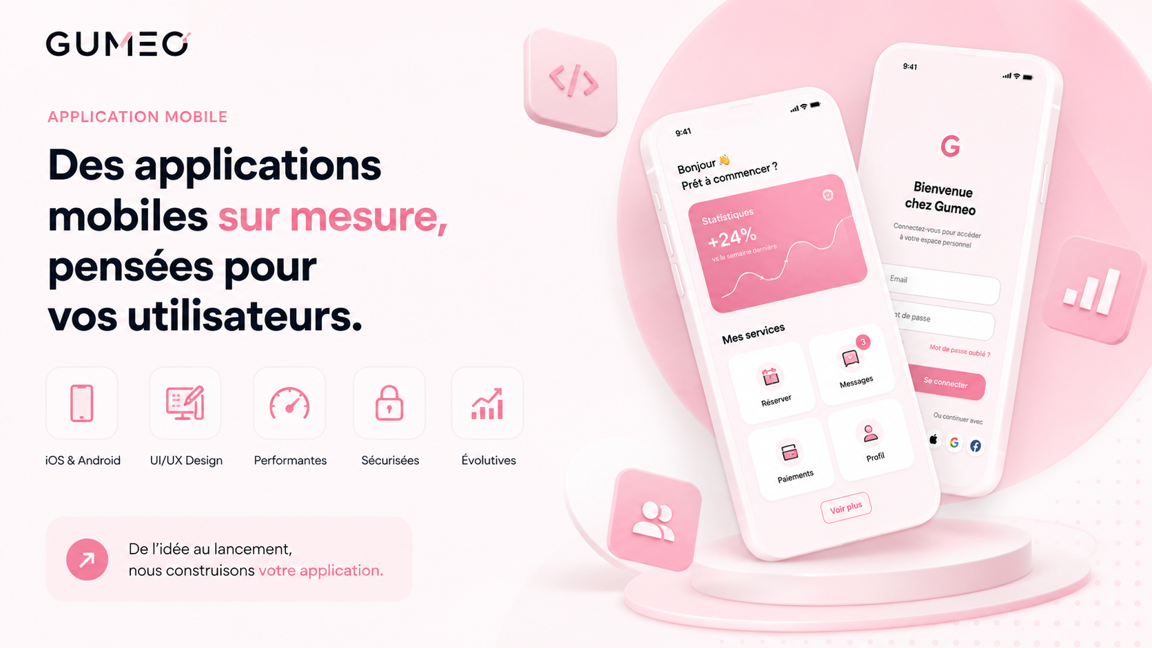 Deux interfaces d’application mobile sur mesure dans l’univers visuel Gumeo.
