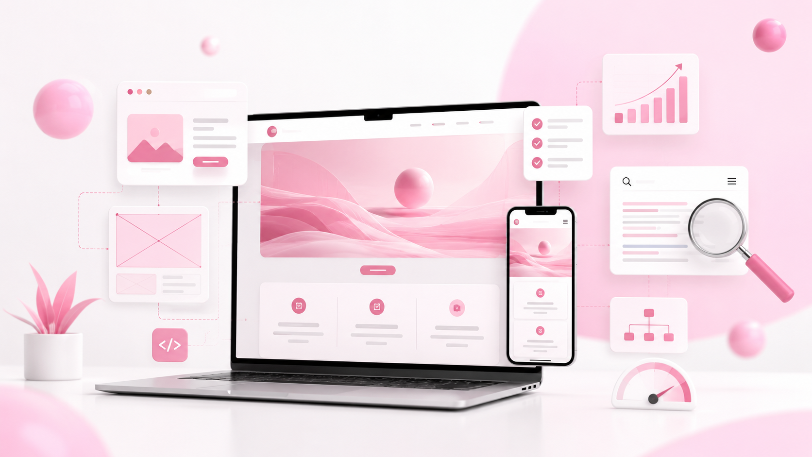 Création d’un site web professionnel affiché sur ordinateur et smartphone.