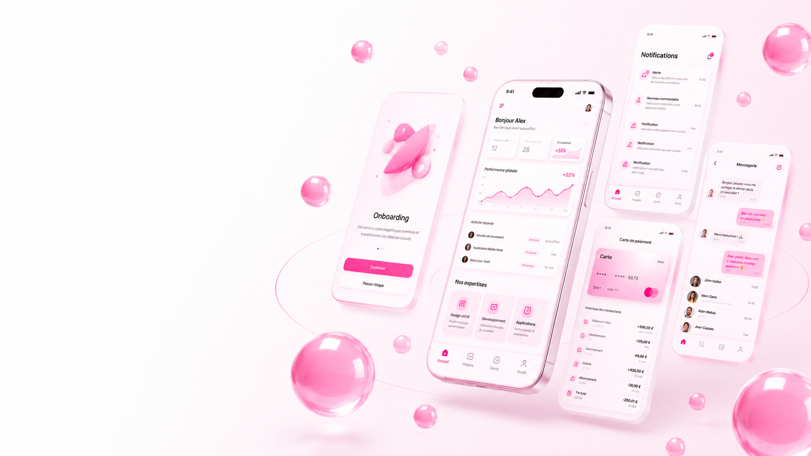 Smartphones présentant une application mobile dans un univers clair aux accents roses.
