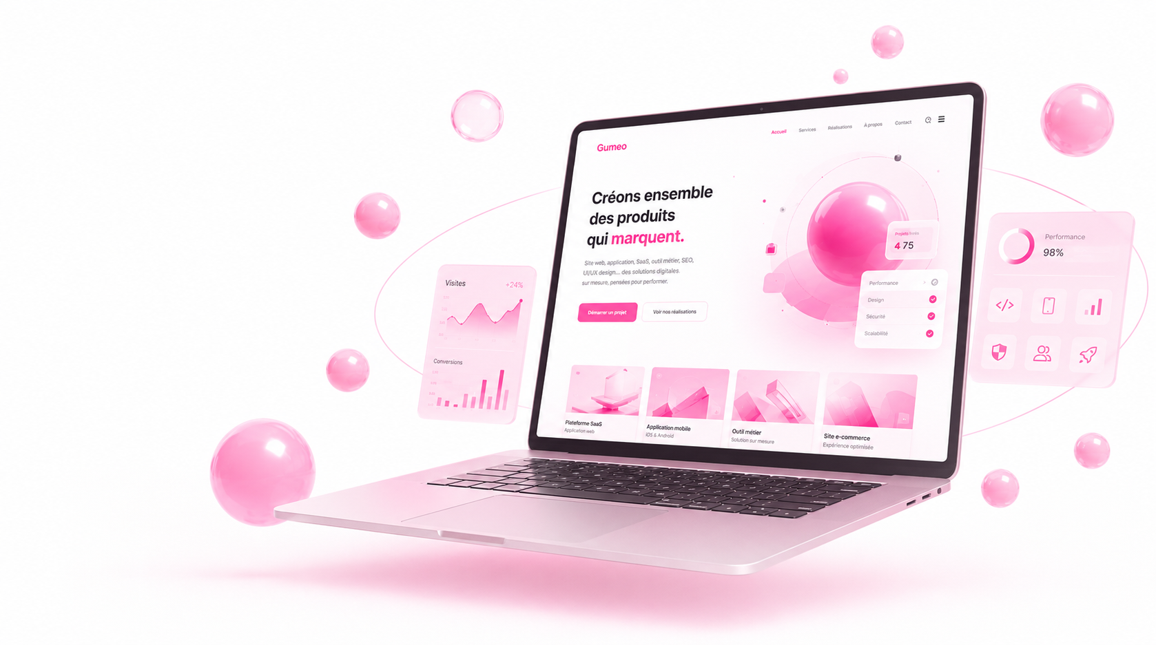 Ordinateur portable présentant une interface de site web dans un univers clair aux accents roses.