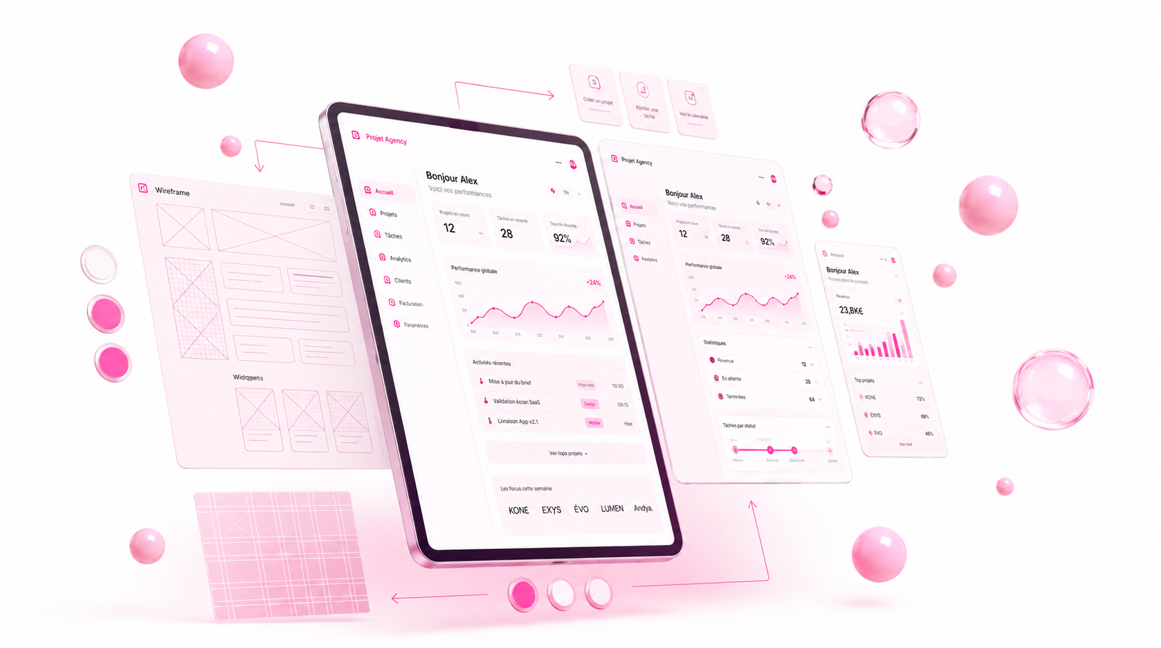 Tablette entourée de wireframes et de composants UI dans un univers clair aux accents roses.